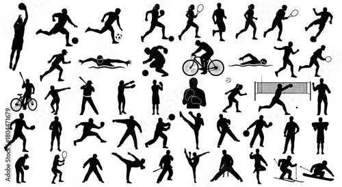 Silhouette collection of various sports activities including basketball and soccer players and swimmers