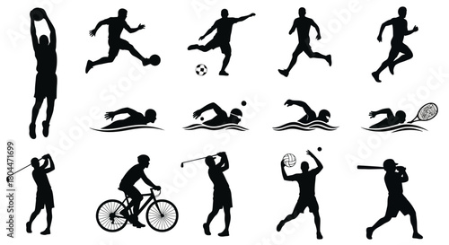 Silhouettes of various sports activities including ball games swimming and cycling on a white background
