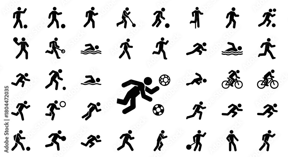 Naklejka premium A collection of black silhouette icons depicting various sports and activities on a white background