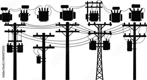 Electric Power Distribution Pole Silhouettes Vector Set: Energy Grid Infrastructure with Multiple Transformers and High Voltage Line Connections.