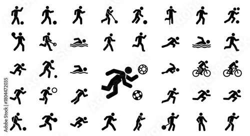 A collection of black silhouette icons depicting various sports and activities on a white background