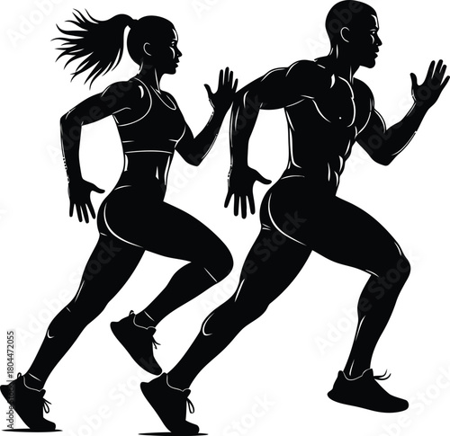 Running couple silhouette fitness workout marathon training vector art eps