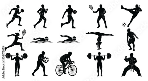 A collection of black silhouette icons showcasing various sports and athletic activities on a white background