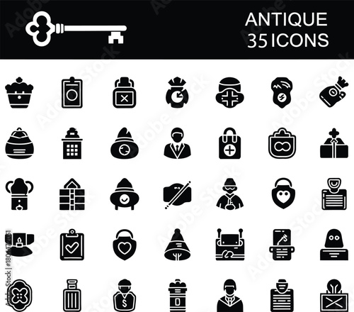 Antique and vintage black solid icons set vector design of retro traditional treasure historical item security and old-fashioned symbols collection.