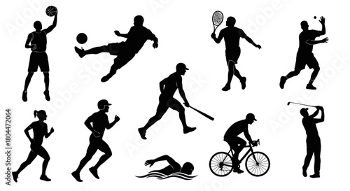 Silhouettes of people playing different sports including basketball soccer tennis and swimming on white