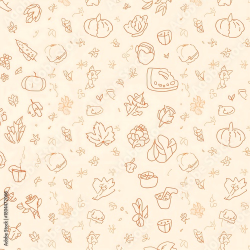 Seamless Autumn Pattern Featuring Hand Drawn Cozy Fall Leaves Pumpkins and Seasonal Foliage Sketches