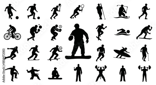 A collection of black silhouette images depicting various sports and recreational activities on a white background