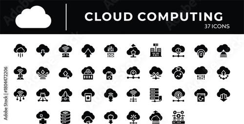 Cloud computing and data storage black solid icons set vector design of network connection service digital information access and modern technology symbols collection.