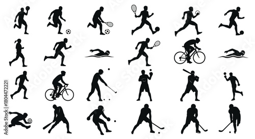 A collection of black silhouette icons depicting various sports activities on a white background