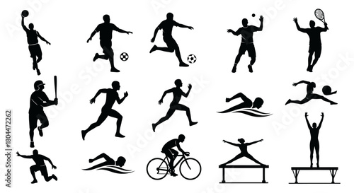 A collection of black silhouette illustrations depicting various sports and athletic activities on a white background