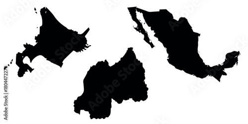 Mexico, hokkaido, rwanda map outlines Vector