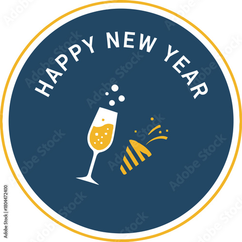 Happy new year celebration with champagne and party popper in a circle design