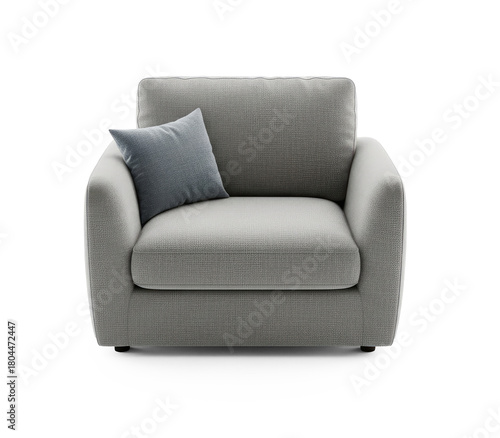 A gray armchair with a blue pillow on a white background.