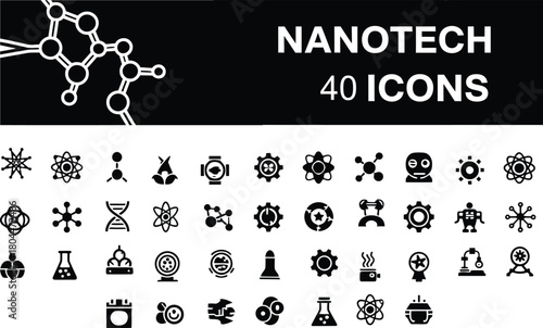 Nanotechnology and science black solid icons set vector design of modern futuristic laboratory research atom molecule chemical technology and engineering symbols collection.
