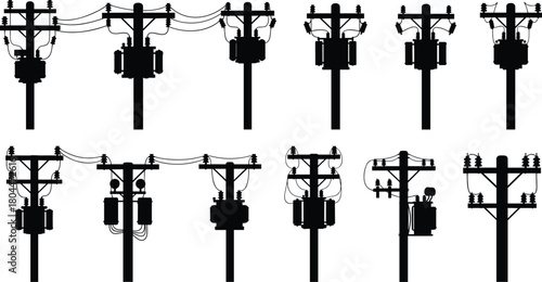 Power Utility Pole and Transformer Silhouettes Vector Set: Electricity Distribution Infrastructure Elements with High Voltage Lines and Insulators.