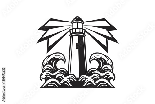 Monochrome lighthouse icon shines bright with stylized beams amid cresting ocean waves shown