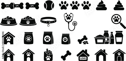 Dog Pet Care and Accessories Vector Icon Set: Bone, Paw Print, Bowl, Kennel, Collar, Food Bag, and Vet Stethoscope Silhouettes, for Veterinary and Animal Design