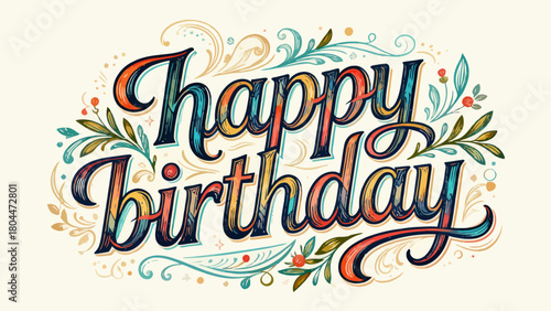 Creative art word "happy birthday", font design, hand-drawn vector illustration