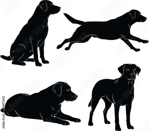 Black labrador retriever dog silhouette vector illustration set art eps