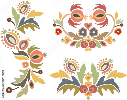 Vector floral Slavic traditional decoration motifs set. For cards, fabric, textiles, clothing, packaging, fabric, paper, wallpaper, wrapping, decor. Folklore hohloma traditional eastern ornament. 