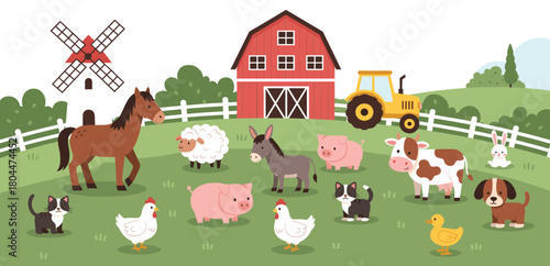 Cheerful Farm Scene Vector Illustration with Barn, Windmill, Tractor, and Cute Domestic Animals Including Horse, Cow, Pig, Sheep, Chickens, and Dog for Children's Design