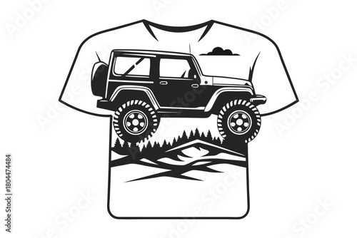 Monochrome shirt shows off road vehicle conquering mountains with a cloud hovering overhead