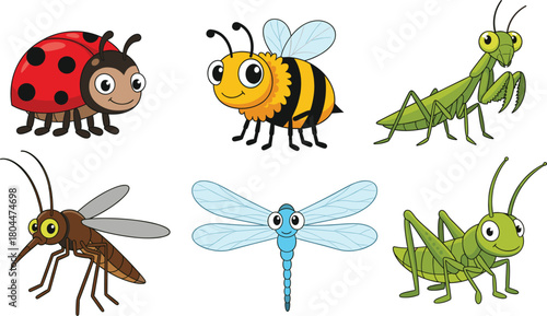 Cute Cartoon Insects Vector Collection Featuring Ladybug, Bee, Praying Mantis, Mosquito, Dragonfly, and Grasshopper, Ideal for Nature, Educational, and Children's Designs