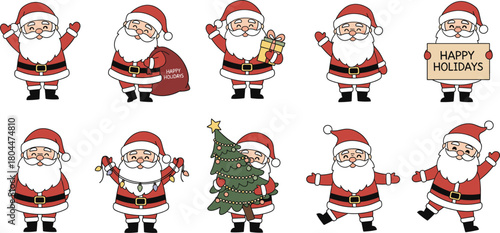 Mega Set of Cartoon Santa Claus Vector Characters in Various Poses: Waving, Holding Gifts, Christmas Tree, Lights, and Happy Holidays Sign, for Festive Graphics