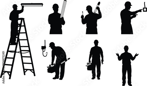 Electrician installation and maintenance of light fixtures and wiring, black and white silhouette vector set on ladder with tools.