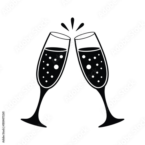 Vector Icon of Clinking Champagne Glasses Black and White Celebration with Bubbles and Splash Marks symbol.vector illustration