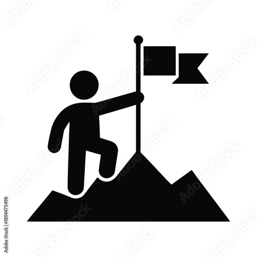 Person planting flag on mountain peak symbolizing achievement and success