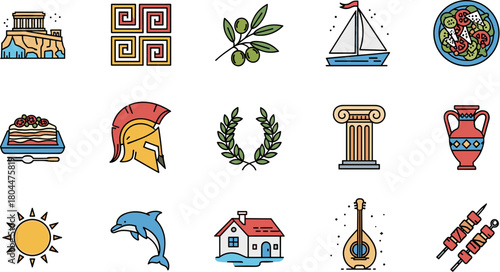 Colorful collection of Greek culture travel and history icons set.