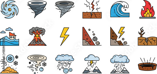 A comprehensive set of colorful icons depicting various natural disasters and extreme weather events.