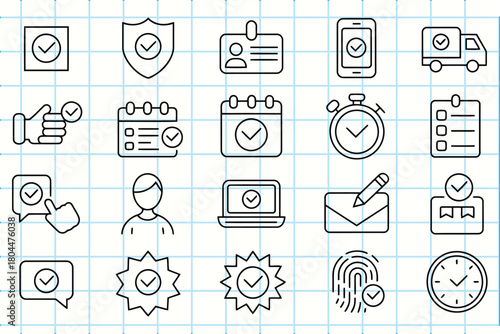 Set of approval and confirmation icons with check marks and tick signs