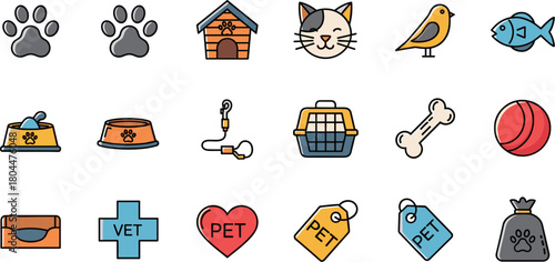 Pet and animal care icon set including food toys and vet symbols.