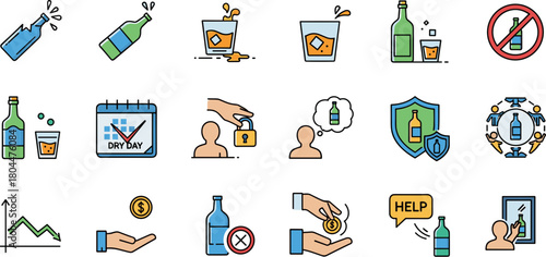 Set of Alcohol Addiction and Sobriety Thin Line Icons.