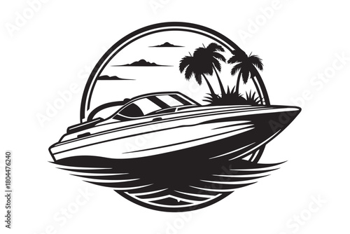 Motorboat cruises gracefully through tropical waters; palm trees sway against a sky encircled