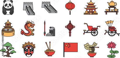 A diverse collection of colorful hand-drawn Chinese cultural icons and symbols.