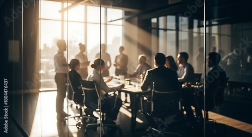 Silhouette of business people in a sunlit boardroom meeting, discussing strategy and planning for future growth