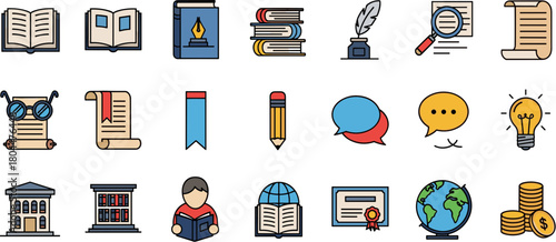 Colorful vector icon set for education literature and knowledge.