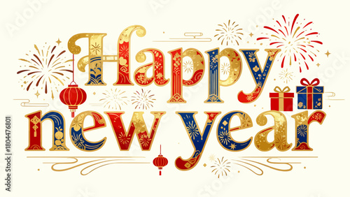 Creative art font "happy new year", font design, hand-drawn vector illustration