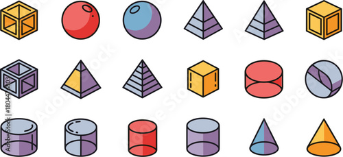 Colorful collection of isometric 3D geometric shapes for educational purposes.