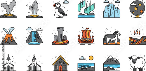 Collection of Hand Drawn Iceland Travel and Culture Icons.