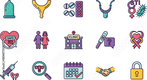 Colorful Icon Set for Sexual Health and Contraception.