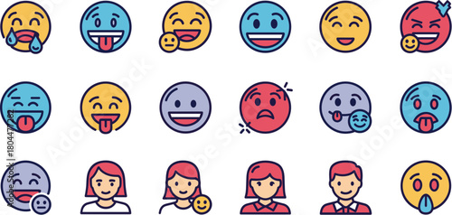 Colorful collection of emoji and avatar icons for web and mobile applications.