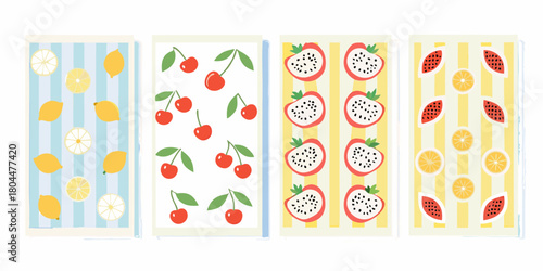 A vibrant collection of four illustrated panels featuring assorted fruits like lemons cherries dragon fruit and watermelon slices on striped backgrounds