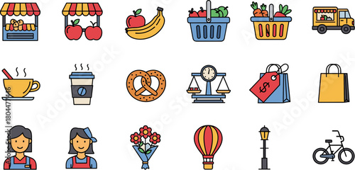 Set of Colorful Farmers Market and Street Fair Icons.