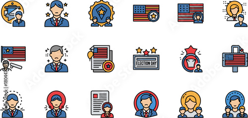 United States Election and Government Filled Outline Icon Set.