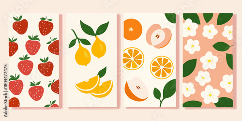 A collection of four vibrant minimalist fruit illustrations featuring strawberries lemons oranges and apple blossoms