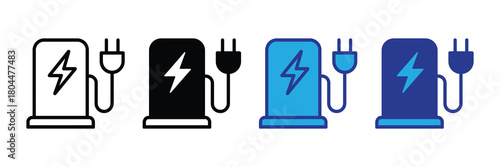 Electric vehicle charging station icon with lightning bolt symbol for clean energy and sustainable transportation, conceptual design, isolated on white